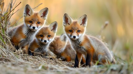 Red fox and small young cubs near den