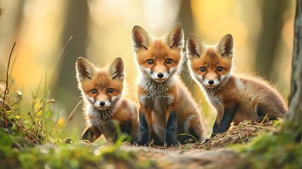 Red fox and small young cubs near den
