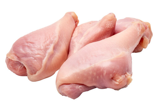 Three pieces fresh raw chicken legs meat isolated on white background, transparent background, clipping path, remove background, pen tool path, png background