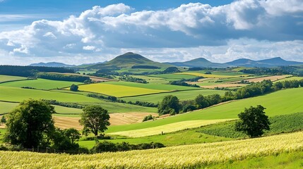 Obraz premium Scenic landscape view of rolling hills and pastoral countryside