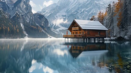 Fototapeta premium Serene stilted wooden house amidst snow capped mountains reflecting in tranquil lake waters