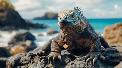 A marine iguana basking in the sun on a rocky shore.