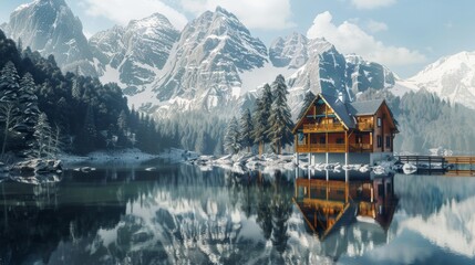 Serene wooden house on stilts reflecting in peaceful lake with snowy mountains and pine trees