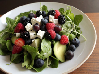 Obraz premium A late of fresh summer salad with mixed greens, berries, and goat cheese.
