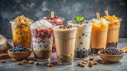 Variety of iced coffee drinks with boba, cereal, and jelly toppings, iced coffee, drinks, flavors, toppings, boba, cereal