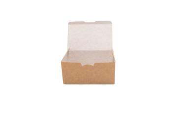 Cardboard brown food box, used to sell fast food, ready-made food, portion in retail. Empty Box Isolated on White Background, Open