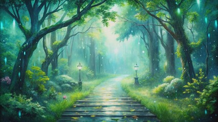 Obraz premium Enchanted forest walkway in light rain, serene watercolor fantasy with soft greens and blues, calm nature scene