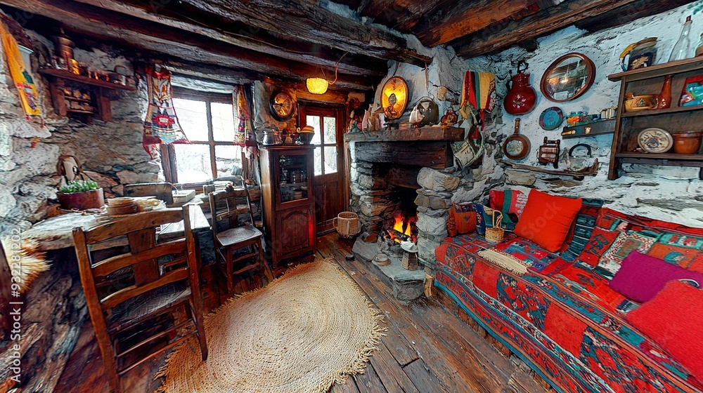 Aufkleber a spacious room with a fireplace at its center and furnished with an array of seating options on woo