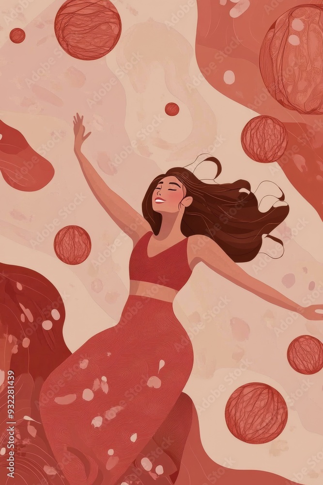 Wall mural artistic portrayal of a woman in a red outfit dancing amid abstract red shapes