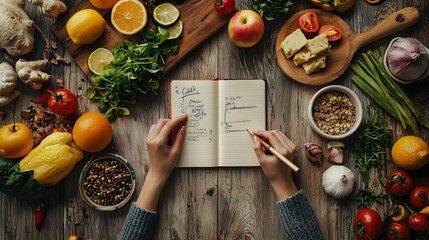 Woman making notes in a notebook - food shopping list