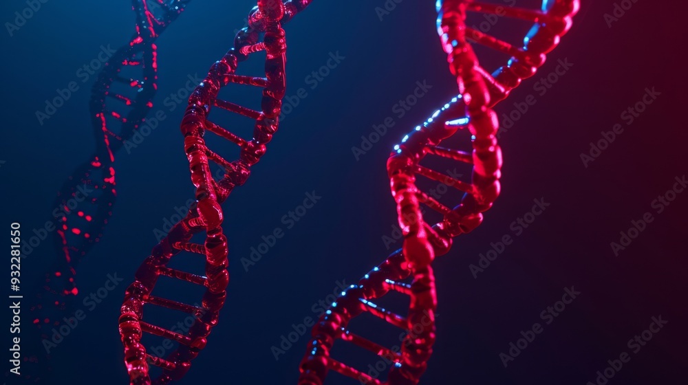 Poster three red diagonal dna chains against dark blue background. concept of science. 3d rendering.