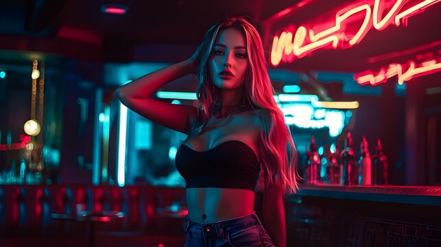 Young woman dancer posing in dark night club interior