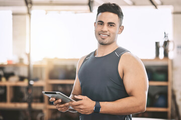 Fitness, man or tablet in gym for portrait, exercise or contact with smile. Personal trainer, happy or tech in sports club for training schedule app, online tutorial or client information or sign up
