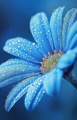   A detailed photo of a blue blossom with dewdrops on its petals and a green stalk against a blue backdrop
