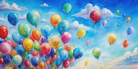 Fototapeta premium Vibrant watercolor balloons floating high against a clear blue sky , watercolor, balloons, colorful, vibrant, floating, high