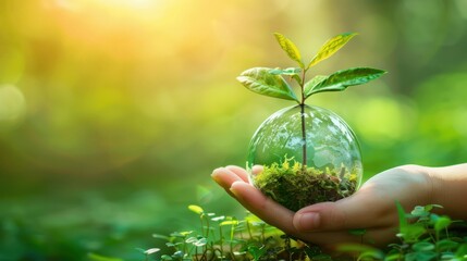A Hand Holding a Glass Globe with a Sapling