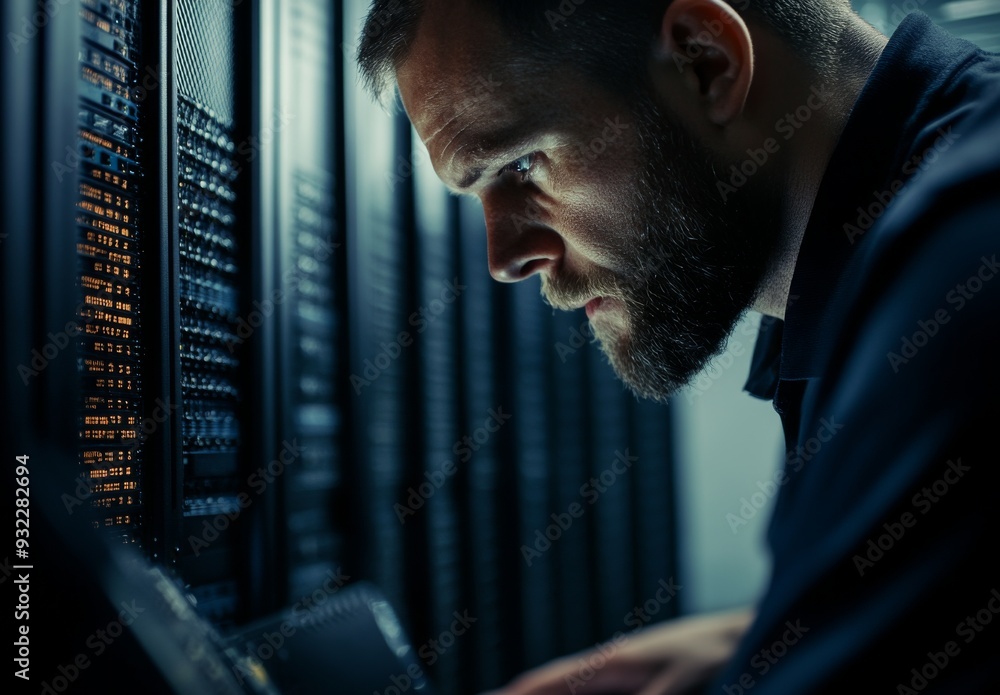 Poster it technician working on server rack in data center