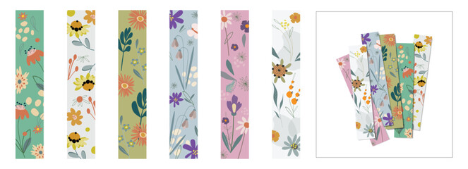 Bookmarks set for books or notebooks with abstract floral pattern in folk style. Beautiful design of children's bookmark for printing and cutting. Vector drawings isolated on white background.