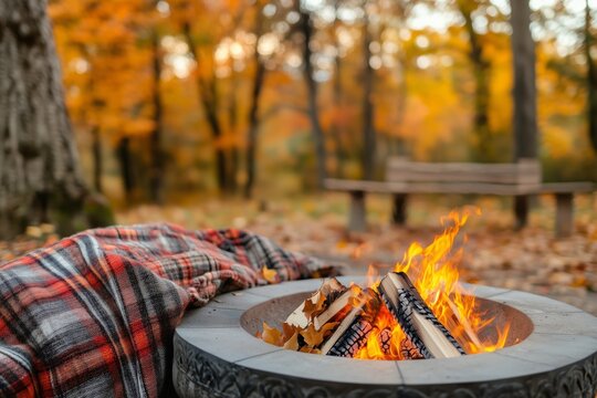 A cozy outdoor setting with a warm fire pit and a plaid blanket next to it. Warm fire pit for a relaxing fall feel.