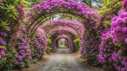 Obraz premium Tunnel of pink and purple rhododendron blooms providing shade and shelter, rhododendrons, tunnel, pink, purple, blooms, lush