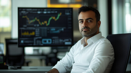 Fototapeta premium Confident businessman analyzing financial charts on a computer in a modern office setting. Business and finance concept.