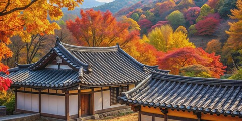 Korean traditional tile-roofed house surrounded by vibrant autumn foliage, autumn, Korean, traditional, tile, roofed, house