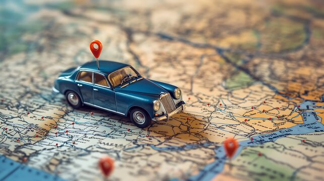 A miniature car sits on a map with a red pin on the roof indicating a destination. - Powered by Adobe