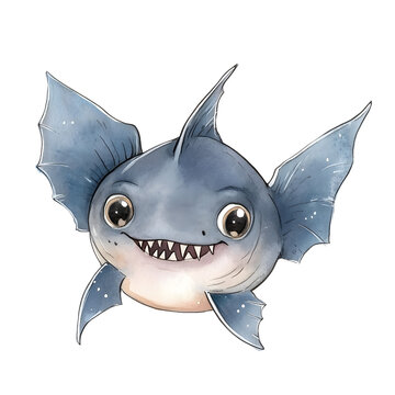 recommend clip art: A kawaii batfish clipart, with tiny fangs, watercolor style,
