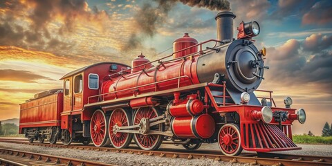 Obraz premium Vintage of a red steam locomotive on railway tracks