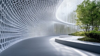 A curved facade covered in white latticework