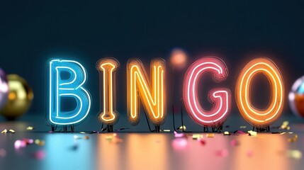 neon lights that say "BINGO", celebration for winner, confetti  