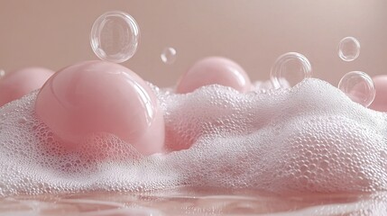 Fototapeta premium A collection of foam spheres levitating atop a white bar of soap positioned on top of a pink tablecloth