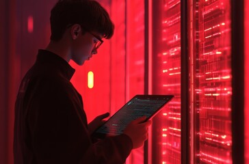 Data Center Technician Analyzing Server Code on Tablet