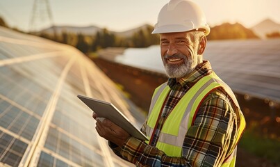 Portrait of a Smiling Engineer with Digital Tablet Near Photovoltaic Panels and Solar Park
