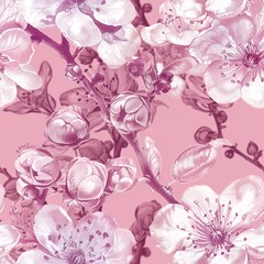 Floral pattern featuring delicate blossoms on a pink background.