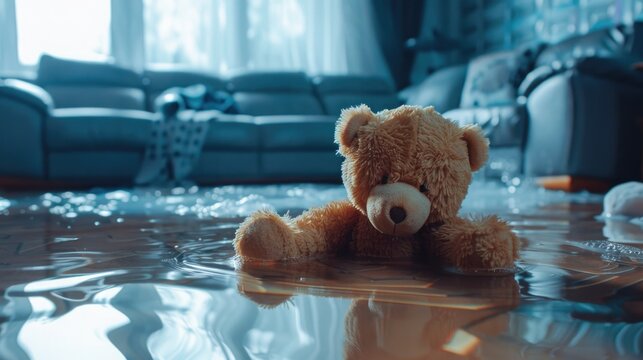 living room with a flooded floor, featuring a sofa, houseplants. unexpected home disaster. deluge and flood. toy, bear