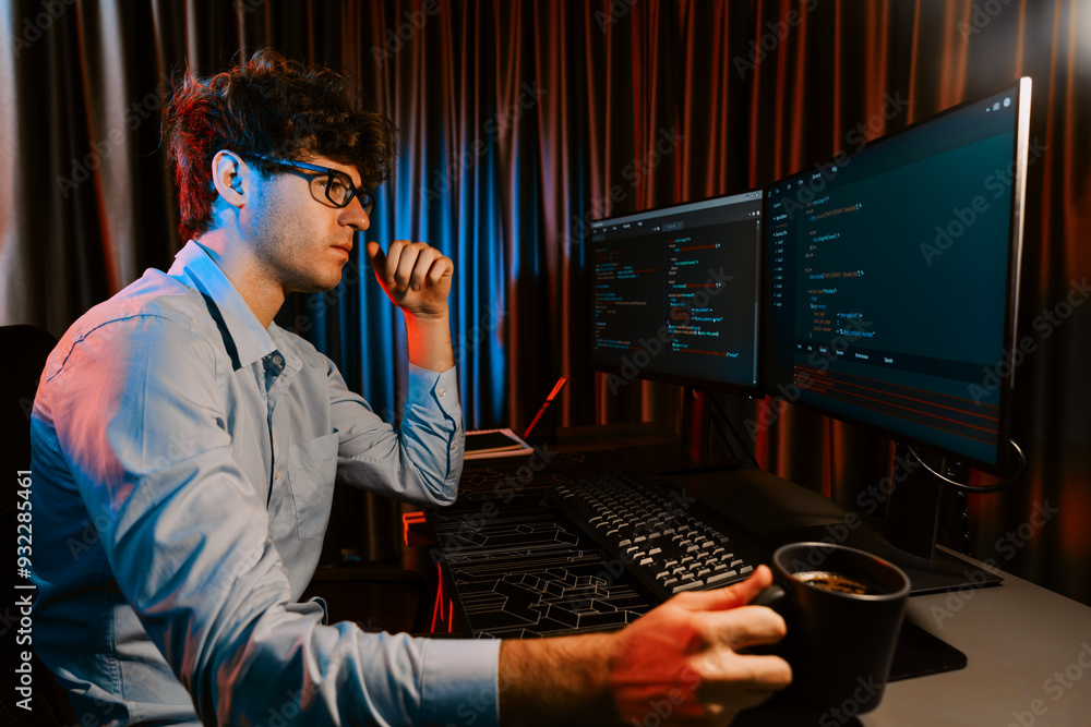Poster it developer thinking online software development information coding on pc screen while holding coff