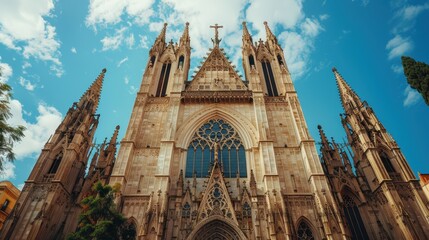 Fototapeta premium The grand exterior of a Gothic church showcases intricate designs and towering spires against a clear sky