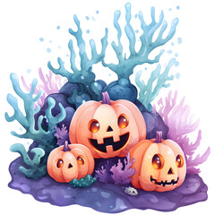 A kawaii haunted coral reef clipart, with glowing pumpkins, watercolor style