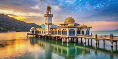 Floating mosque on stilts by the sea in Pangkor Island, Malaysia, mosque, Masjid Terapung Pangkor