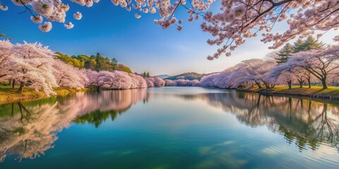 Fototapeta premium Serene lake surrounded by blooming cherry blossoms, cherry blossoms, lake, serene, nature, spring, beautiful, pink