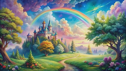 Fairy tale landscape with castle, trees, rainbows and clouds in watercolor seamless pattern, fairy tale, landscape, castle
