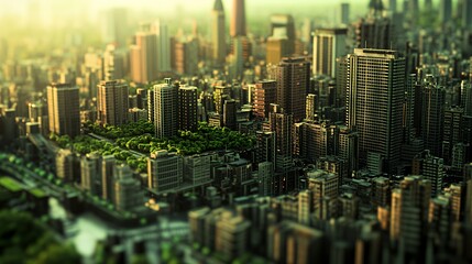 Fototapeta premium Aerial view of a modern cityscape with greenery amidst skyscrapers.