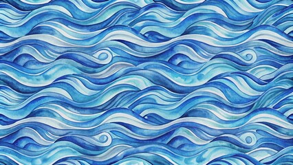 Obraz premium Watercolor seamless pattern of blue waves in the ocean, watercolor, sea, seamless pattern, horizontal border, blue waves