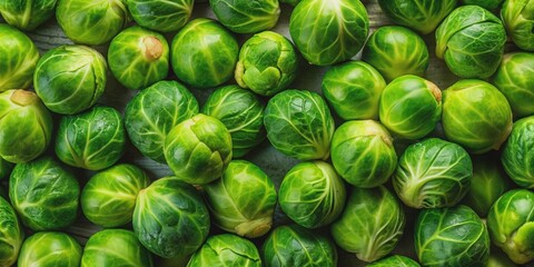 Fototapeta premium Green fresh Brussels sprouts arranged in a top view background , vegetables, healthy, organic, garden, food, green, raw