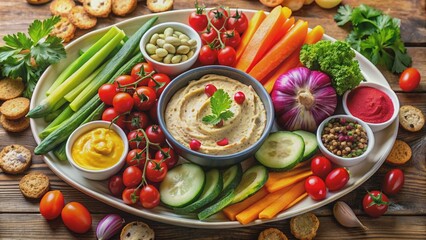 A colorful and healthy hummus plate with assorted vegetables and bread , hummus, plate, vegetables, bread, healthy