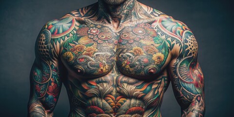 Close up of a person's tattooed body showcasing intricate designs and patterns, tattoos, body art, inked