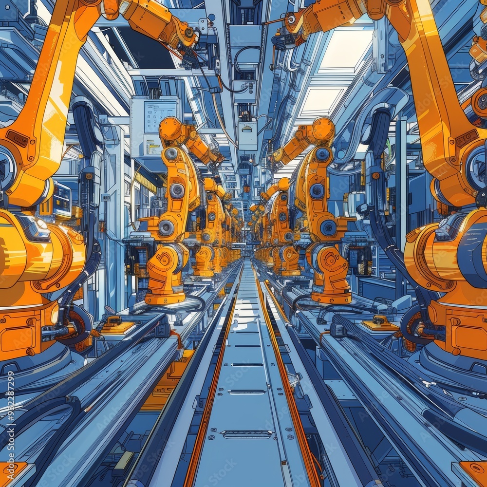 Poster a state-of-the-art industrial facility featuring a high-tech robotic assembly line, showcasing advan