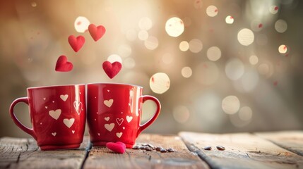 a couple of cups with hearts flying out of them