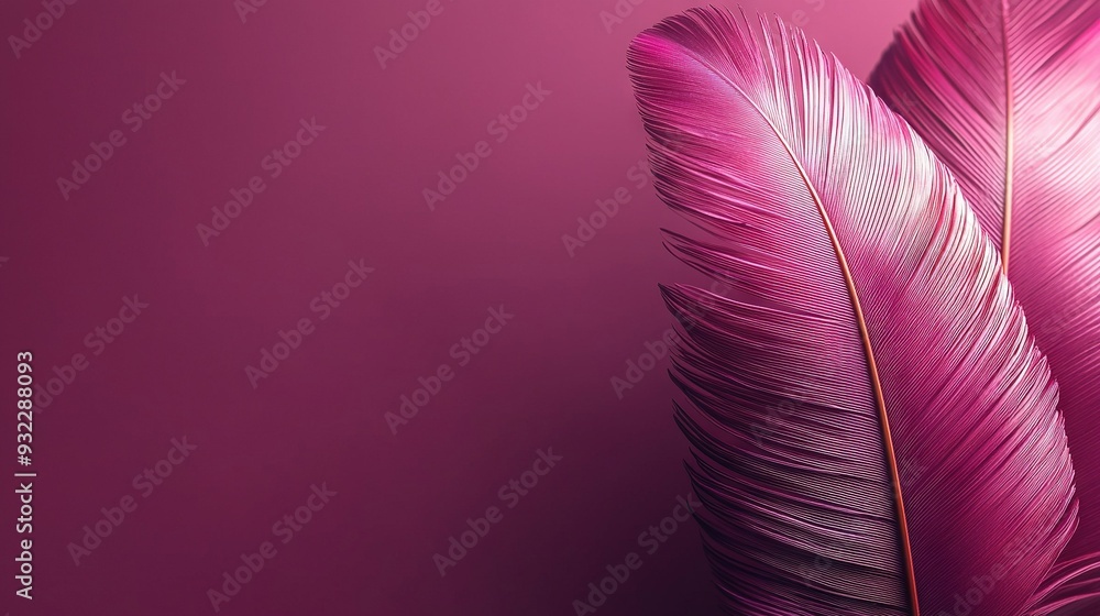 Poster a close-up of a pink feather on a pink background with a golden tip at the end of the feather